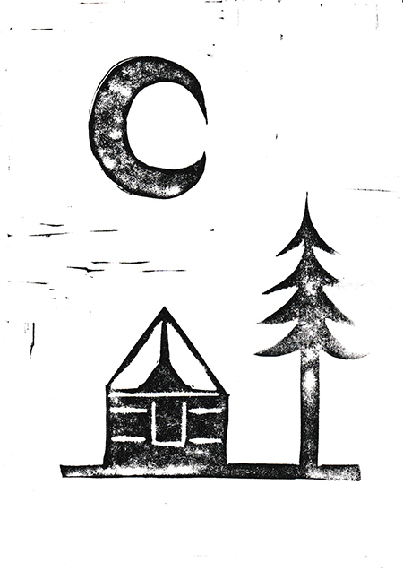 My camp, my life linocut a blind print